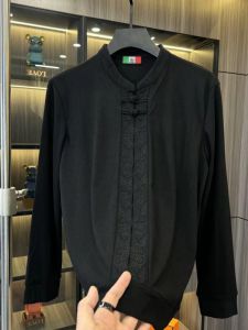 Autumn Winter Mens Long Sleeve Flocking Luxury Base Layer Retro Chinese Style Tang Suit Top High Elasticity Button up Casual Wear