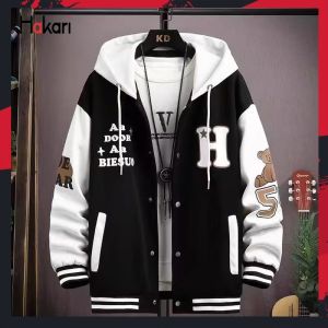 HAKARI แจ็คเก็ตชาย สำหรับคู่รัก - Casual Loose Baseball Wear แจ็คเก็ตฤดูใบไม้ร่วงของผู้ชาย