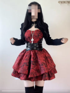 Heavy Embroidery Puffy Skirt Red Strapless Dress with Chest Pad Dark Gothic Style Halloween Birthday Dress Womens Fashion