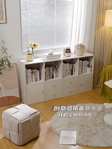 ตู้เก็บของทำด้วยไม้ ชั้นวางหนังสือ 8/10ขัดแตะ เปิดชั้นวางจอแสดงผล เหมาะสำหรับ ห้องนั่งเล่นห้องนอน น้ำหนักได้ 100KG