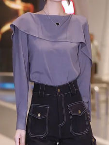 SUOXIMENG | Large Size Grey Oversized Long Sleeve Blouse Womens Fashion Trend Spring Autumn Seasonal New Style Elegant High-End Bordered Shirt