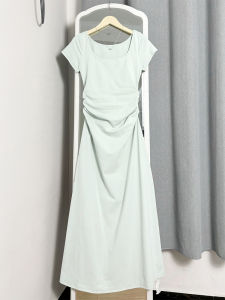 French Elegant Short Sleeve T-Shirt Dress Womens Autumn New Small Size Waist Cinched Backless Long Dress Sweet Style A-Line Skirt