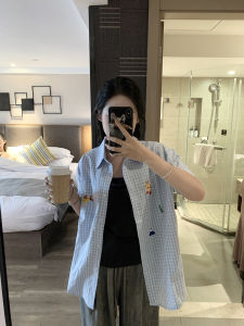 Áo Sơ Mi Nữ Tay Ngắn Thêu Phong Cách Hàn Quốc Mùa Hè Mới Rộng Rãi Thường Ngày Thời Trang Cổ Polo Họa Tiết Kẻ Caro