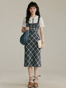 Vintage Plaid Waist-Cinching Slimming Mini Dress Elegant Atmosphere Summer New Style Three-Inch Lotus #635 Polyester Cotton Spandex Midi Dress