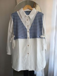 Kemeja Wanita - Tya Kemeja Bahan Polo Linen Mix Knit Salur Kemeja Wanita Terbaru