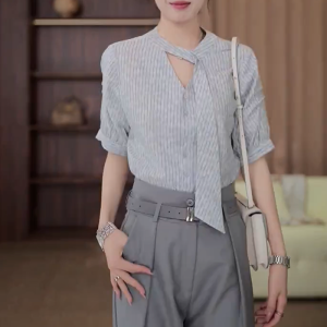 QINGNAER | Elegant Stylish Stripe Bow-tie Design Slimming Womens Shirt