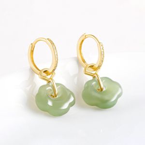 Women S925 Silver Natural Hetian Jade Light Green Ruyi Zircon Earrings with Certificate