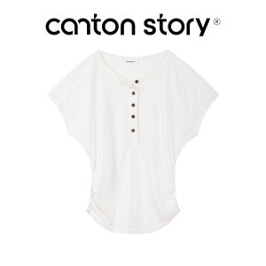 Cantonstory |Áo thun trắng cổ Henley phong cách Pháp dáng rộng bo eo