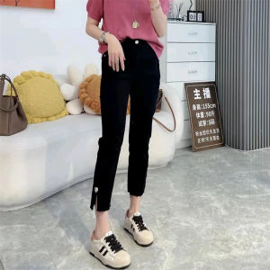 กางเกงขายาวทรงตรงเอวสูงสำหรับผู้หญิงในช่วงฤดูร้อน กางเกงขายาวทรงตรงสีดำ ทรงสลิมฟิต กางเกงขายาวทรงลำลอง