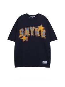 MOISHE TIDE American Letter Star Embroidery Short Sleeve T-Shirt Mens Summer Loose Casual Tee Cotton Youth Fashion