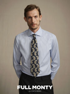 Non-iron Fine Stripe Long Sleeve Mens Cotton Business Shirt 100 Double Yarns