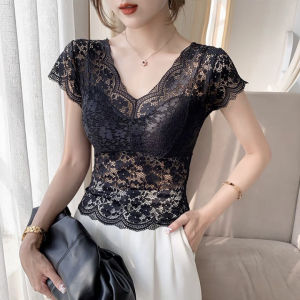 Áo Sơ Mi Ren Cổ Chữ V Màu Đen Ôm Vừa Vặn Mùa Hè 2023 Áo Thun Nữ Tay Ngắn Thường Ngày Chất Liệu Khác 100%