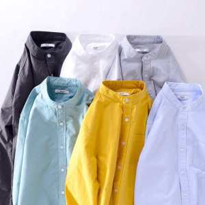 Japanese Style Long Sleeve Oxford Cloth Shirt Mens Spring Autumn Casual round Neck Pure Cotton No Collar Shirt Fashion Urban Loose Fit