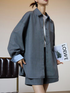 French Vintage Checkered Splice Shirt and Shorts Set