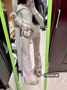 Quần Nỉ Thể Thao Cạp Cao Màu Hồng Dày Dặn Ấm Áp Mùa Đông Ống Loe Ống Rộng Quần Dài Thường Ngày Cho Nữ