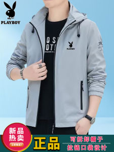 Playboy Mens Casual Hooded Jacket Spring Autumn Fashionable Polyester Breathable Zipper Closure Standard Fit Long Sleeve Coat