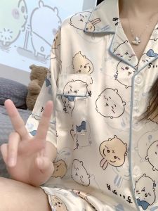 Chiikawa Couples Summer Ice Silk Short Sleeve Sleepwear Womens Home Clothes Ussachi Small Eight Ji Home Suit Cartoon Print