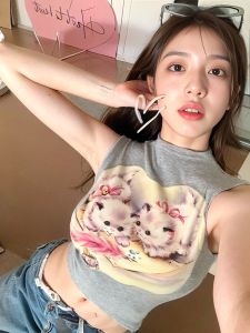 Áo Thun Tay Ngắn Ôm Vừa Vặn Phong Cách Mỹ Cổ Điển Dành Cho Nữ Mùa Hè in Hình Mèo Dopaamine Sweet Spicy Bé Gái