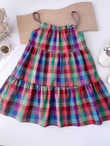 Bear Leader | Summer New 3-7 Years Girls Casual Colorful Plaid Print Strappy Sleeveless A-Line Princess Dress 1 Pc Kids Fashion Cute Clothes