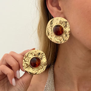 KunJoe Vintage Inlaid Brown Resin Acrylic Stud Earrings for Women Luxury Geometric Large Round Earrings Boho Vacation Jewelry
