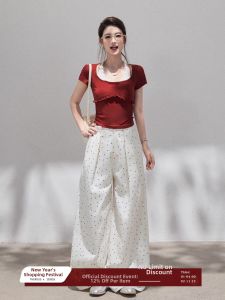 THROUS | Set Đồ Mùa Hè - Áo Thun Chính Vai Giả Hai Lớp & Quần Dài Cạp Cao Họa Tiết Chấm Bi
