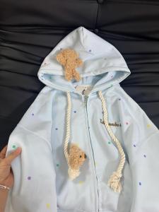 KFCAG Original น่ารัก ลายสก็อต Bear ถอดได้ มีฮู้ด ซิป เสื้อแจ็คเก็ต ผู้หญิง ฤดูใบไม้ร่วง คาร์ดิเกน นุ่ม ผ้าฝ้าย สไตล์การเดินทางแขนยาว