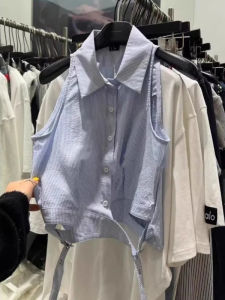Korean Style Slim Fit Short Sleeveless Polo Neck Vest Womens Summer New Design Sensation Stripe Pattern Top Casual Shirt