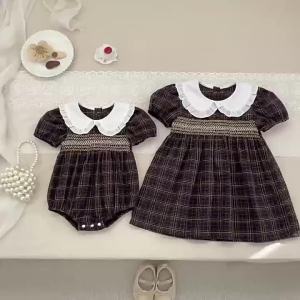  2026 Summer New 2-6Yrs Girl Princess Dress Baby Dress Hug Up Grid Short Sleeve Toddlers Kids Cotton Cute Party Dress