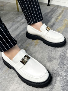 White Thick Bottom Casual Loafers Mens Slip-On Shoes Heightening Leisure British Style round Toe Ultra-Leather Footwear