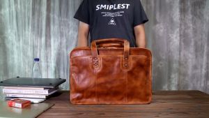 Tas Kerja Kulit Sapi Retro untuk Pria Tas Tangan Sederhana Lapisan Ganda Kapasitas Besar