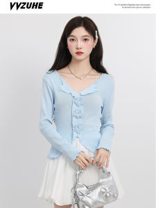 Áo Thun Dệt Kim Tay Dài Hở Vai Họa Tiết Hoa Ngọt Ngào Phong Cách Hàn Quốc Mùa Thu 2025 Áo Thun Nữ Công Sở Thường Ngày