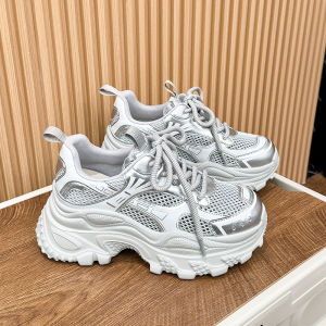 LANKAMO | Womens Thick Bottom Dad Shoes Summer New Style Breathable Mesh Lightweight Sporty White Sneakers Casual Round Toe Rubber Sole