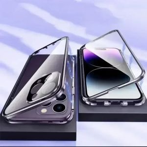 LS | 360 ° Ốp Lưng Kính Cường Lực Chống Sốc Bảo Vệ Toàn Diện Khóa Từ Tính Hai Mặt Dành Cho iPhone 17/16/15/14/13 Mini/12/11 Pro Max Plus 17E/16E - Viền Kim Loại Trong Suốt Chống Xước