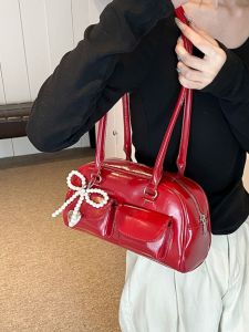 Fashionable Bowling Bag Womens Summer Handbag Breadstick Bag Wedding Banquet Bag Red Versatile Casual Simple Style Handbag