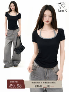 Black Illusion Two-Piece Shoulder Baring Short Sleeve T-Shirt Womens Slim Fit Summer Waist Cinching Slimming Top 2025 New