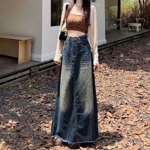 S-6XL Rok Panjang Wanita Model A Pinggang Tinggi Celana Denim Biru Desain Retro