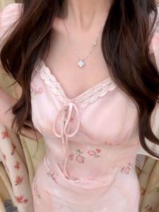 ZHENMANZI | French Style V-Neck Pink Floral Print Dress Slimming