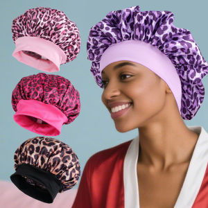 Womens Leopard Print Satin Sleep Bonnet Single-Layer Nightcap for Hair Care Essential Bedtime Routine 1-Pack