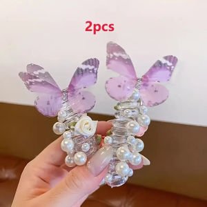 2Pcs Mesh Butterfly Headbands for Girls Cute Round Pearl & Floral Design Headwear Party Wear Everyday Hair Accessories Gifts