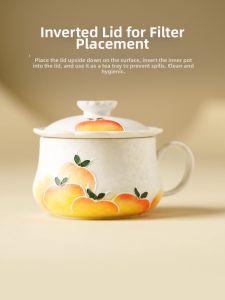 YOGEHOME | Elegant Women Specific Yogurt Painted Yellow Peach Pattern Ceramic Mug with Lid