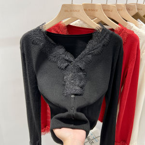 Áo Len Cardigan Dệt Kim Cổ Chữ V Ren Ngắn Cho Nữ Mùa Thu Đông Màu Đỏ Thiết Kế Độc Đáo Áo Len Cardigan Dài Tay Thường