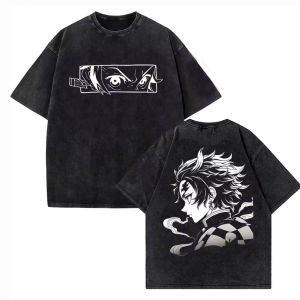 Bandai | Japanese Anime Demon Slayer Tanjirou Printed Tee Men Women Vintage Washed pure Cotton T-shirts Short Sleeve Top Harajuku Tees