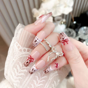 【With Glue】Ready Stock Female Fake Nail Cute Leopard Print Bow Nail for Women and Girl Party Activity