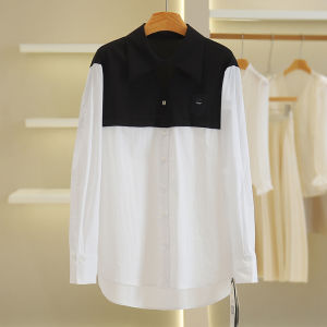 Casual Loose Long Sleeve Shirt Autumn Wear 2025 New Womens Fashion Patchwork Design Cotton Blend Fabric Square Collar Mid-Length