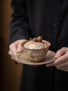 ถ้วยชาดินสอแฮนด์เมดป้องกันความร้อนแบบย้อนยุค ถ้วยชาดินสอสามส่วนพร้อมฝา ถ้วยชาดินสอแบบทำจากกระดาษทราย