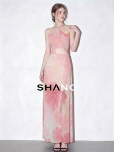 SHANGSHA | Vacation Style Romantic Pink Halter Floral Print Dress