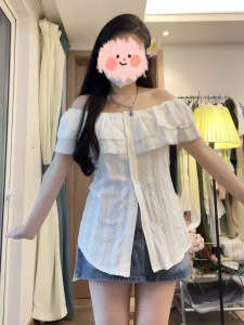 plus Size One Shoulder Short Sleeve Shirt Womens Stylish Slimming Waist Design Korean Style Commute Pure Color Button Detail