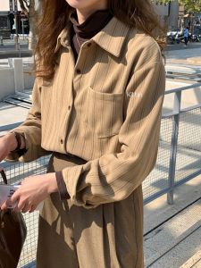 Autumn and Winter New Arrival Japanese Style Vintage Stripe Loose Thicken Lazy Style Shirt Coat Womens Long Sleeve Bandage Dress Shirt Women