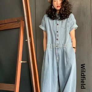 Casual Artistic Denim Overalls Womens Loose Fit Short Sleeve Jumpsuit Pants Cotton Fabric Commute Style Long Pants