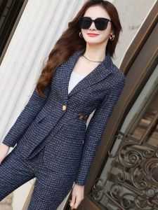 MUBEELE | Fashionable Slimming Denim Set Womens Autumn Winter Casual Plaid Jacket Micro Flared Pants Two-Piece Ensemble Cotton Polyester